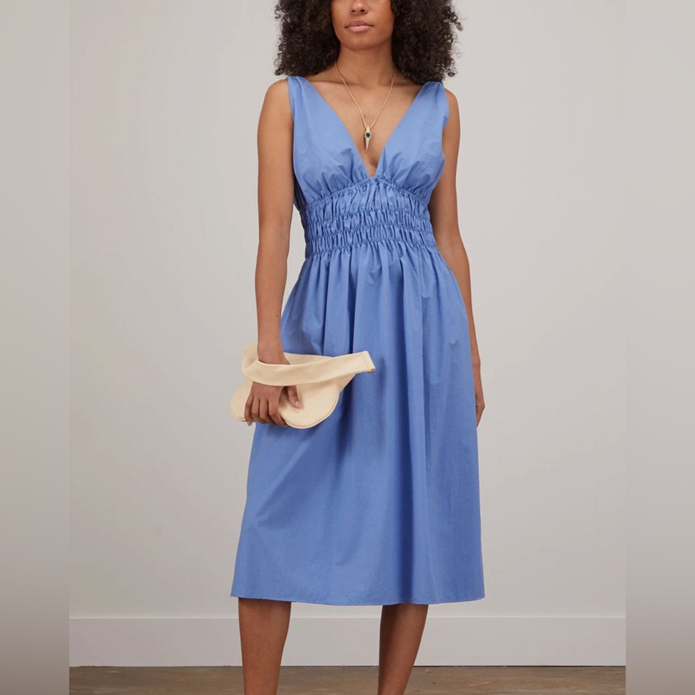 Ciao Lucia Capa Midi Dress Poplin Cotton Smocked V Sleeveless Pockets Sky Blue